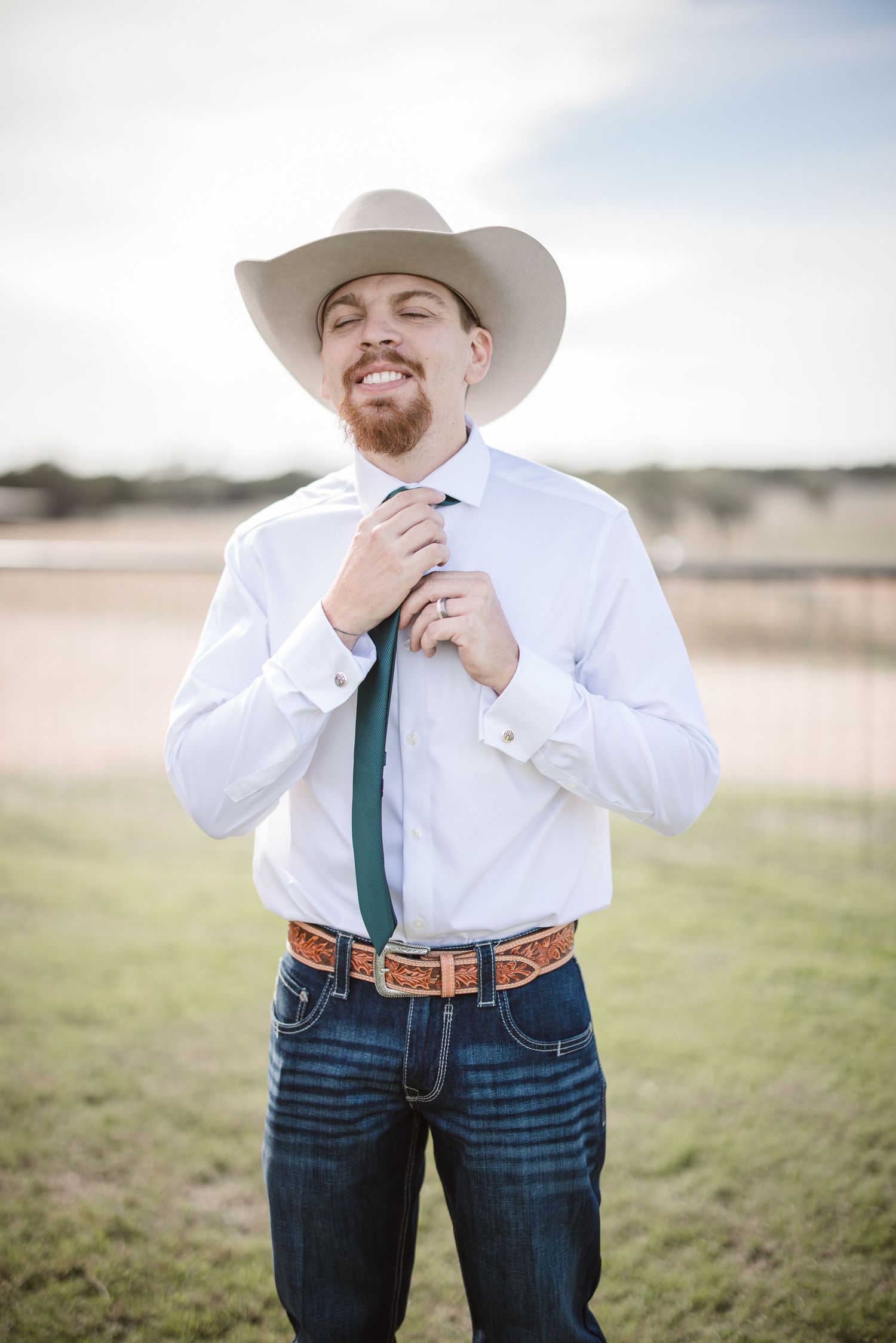 A series of close-up shots showing a cowboy in white shirt and hat with a teal tie against a bright background.