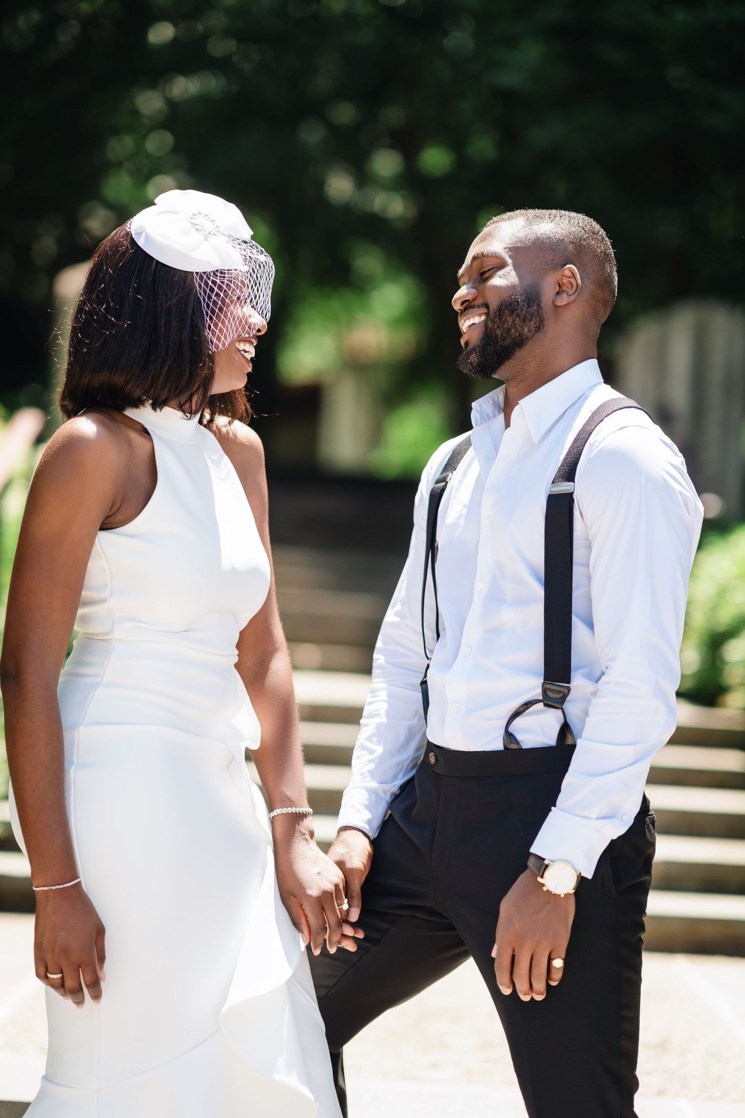 Side-by-side wedding photos showing couple in white dress and black suspenders holding hands.
