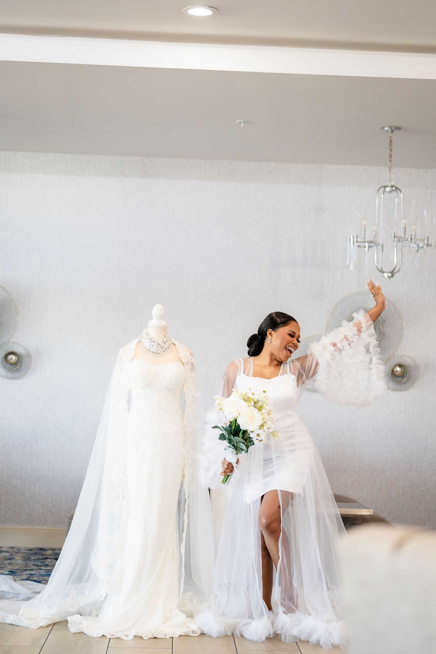 Ethereal bridal portraits in flowing white gowns against light backdrop.