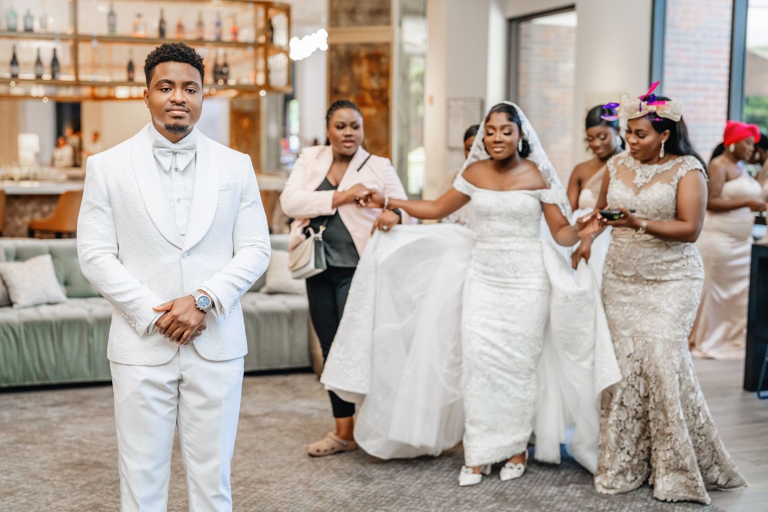 A collage of wedding photos showing people in white formal attire posing in an elegant indoor venue.