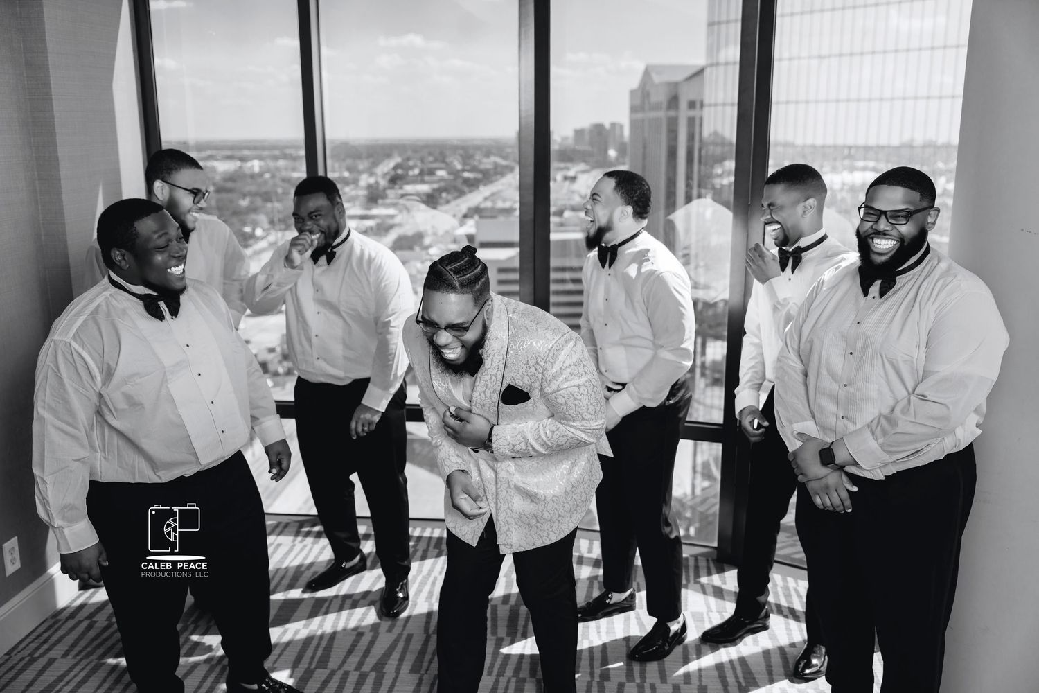 A sequence of black and white photos showing people in formal attire interacting and gesturing in an office setting.