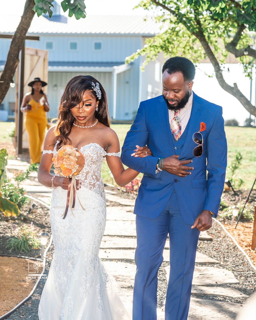 Wedding party photos outdoors featuring blue and white formal attire under tree shade.