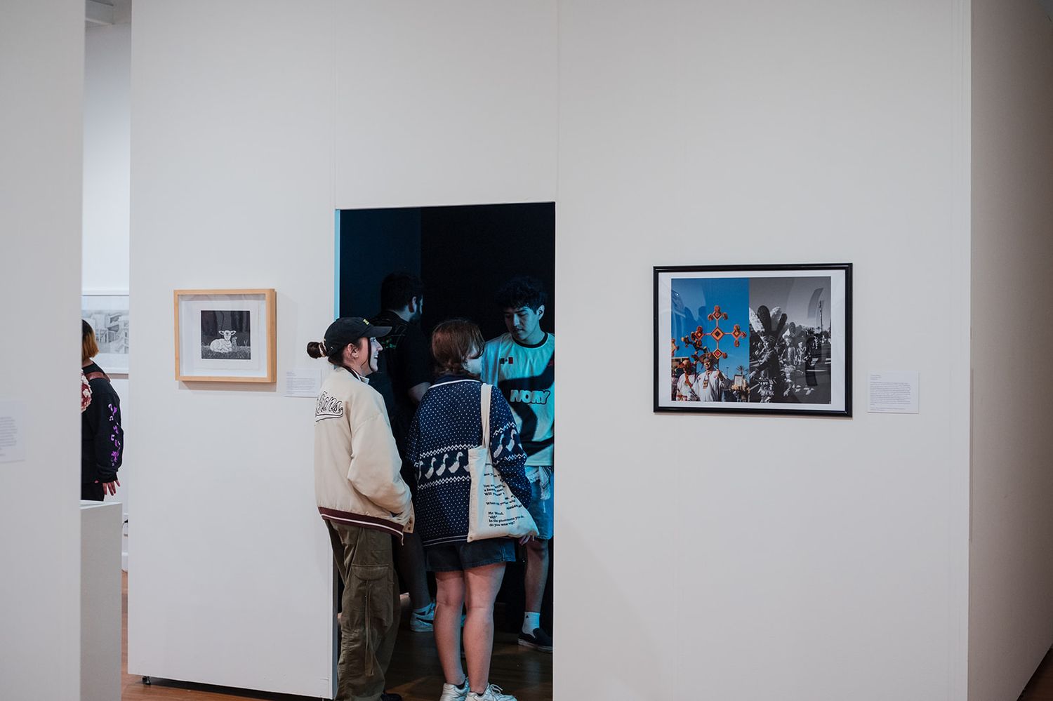 Art gallery wall displays framed photographs and artwork in a minimalist white space.
