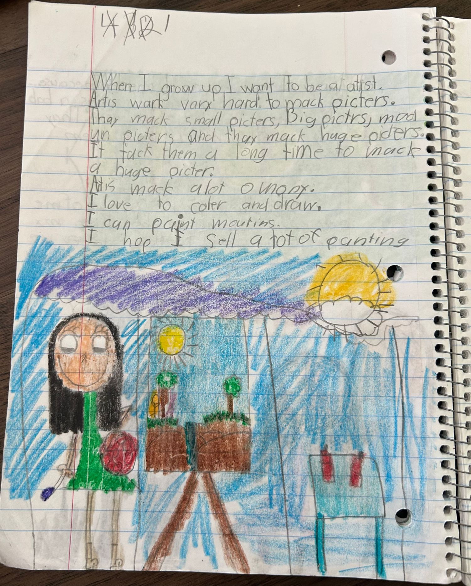 A child's notebook drawing shows a colorful outdoor scene with trees, sun, and buildings sketched in crayon on lined paper.