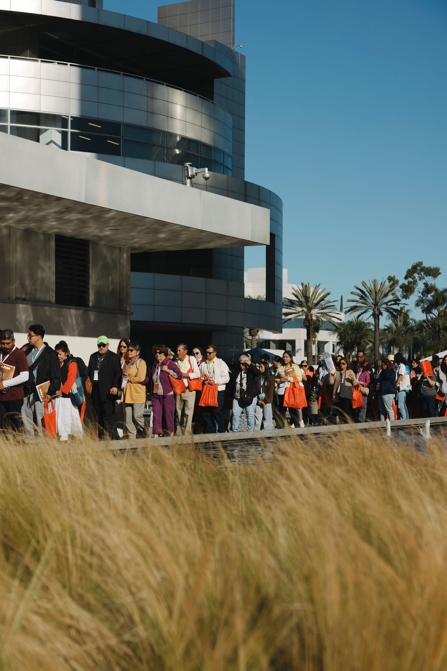 Crowd of people lined up outside a contemporary glass building with ornamental grass in foreground.