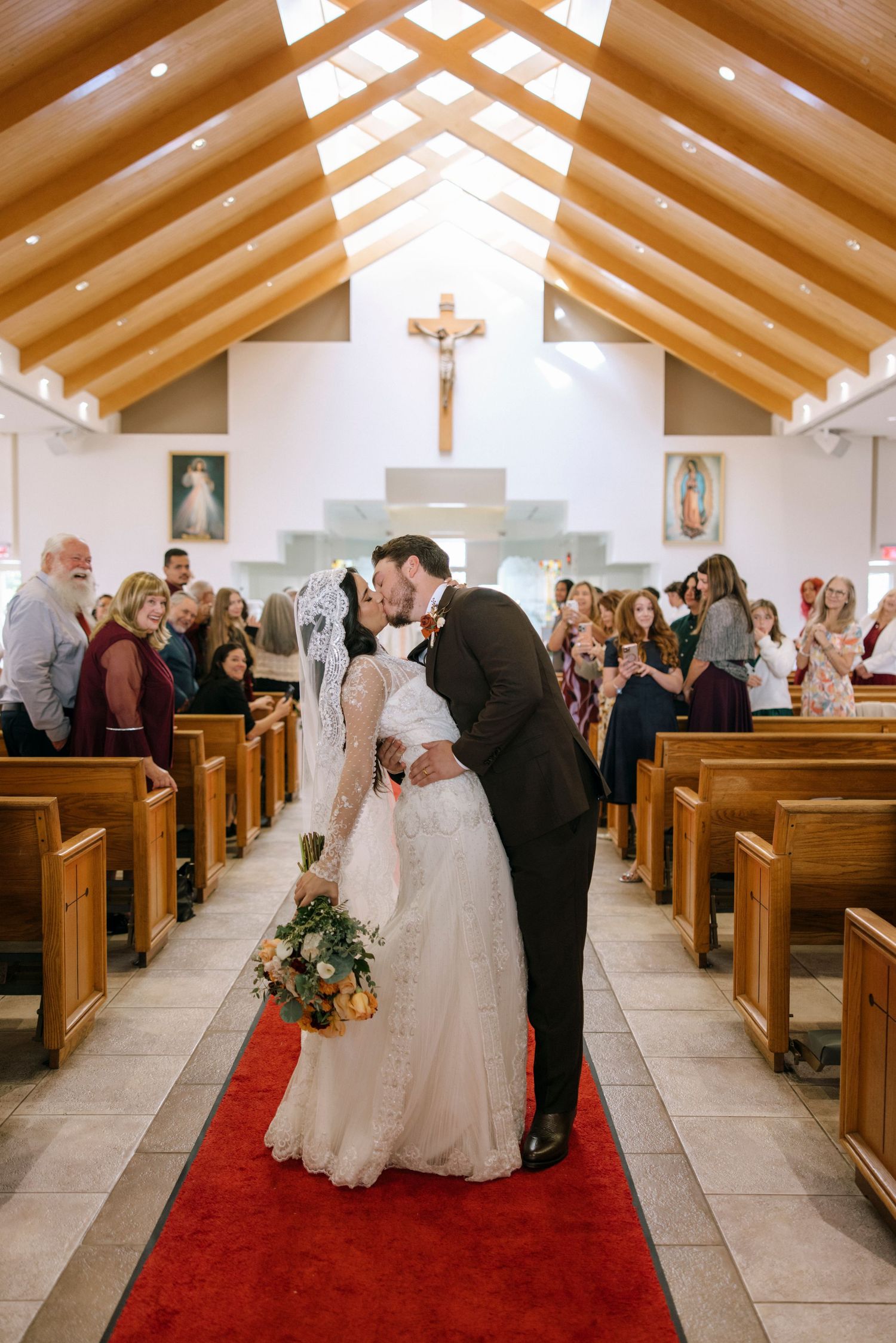 Sequence of wedding ceremony moments in sunlit church with wooden ceiling beams.