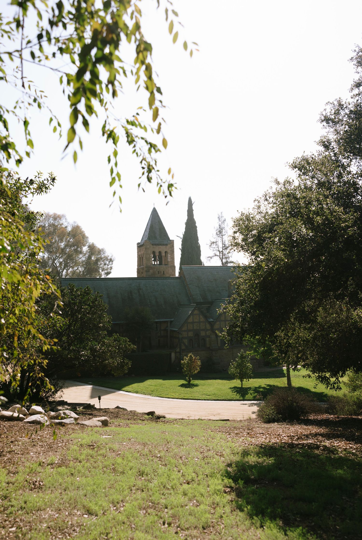 Distant view of a gothic church building through trees on a grassy landscape.