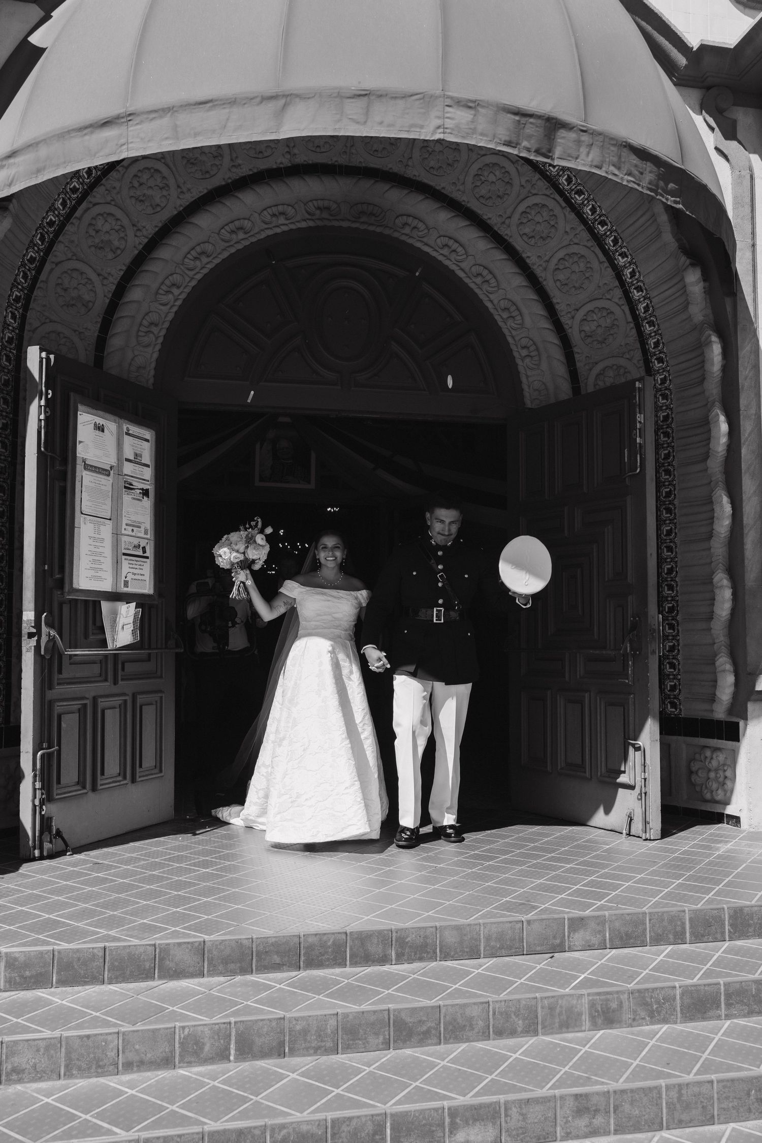 Black and white photo sequence of newlyweds exiting through an arched church doorway.