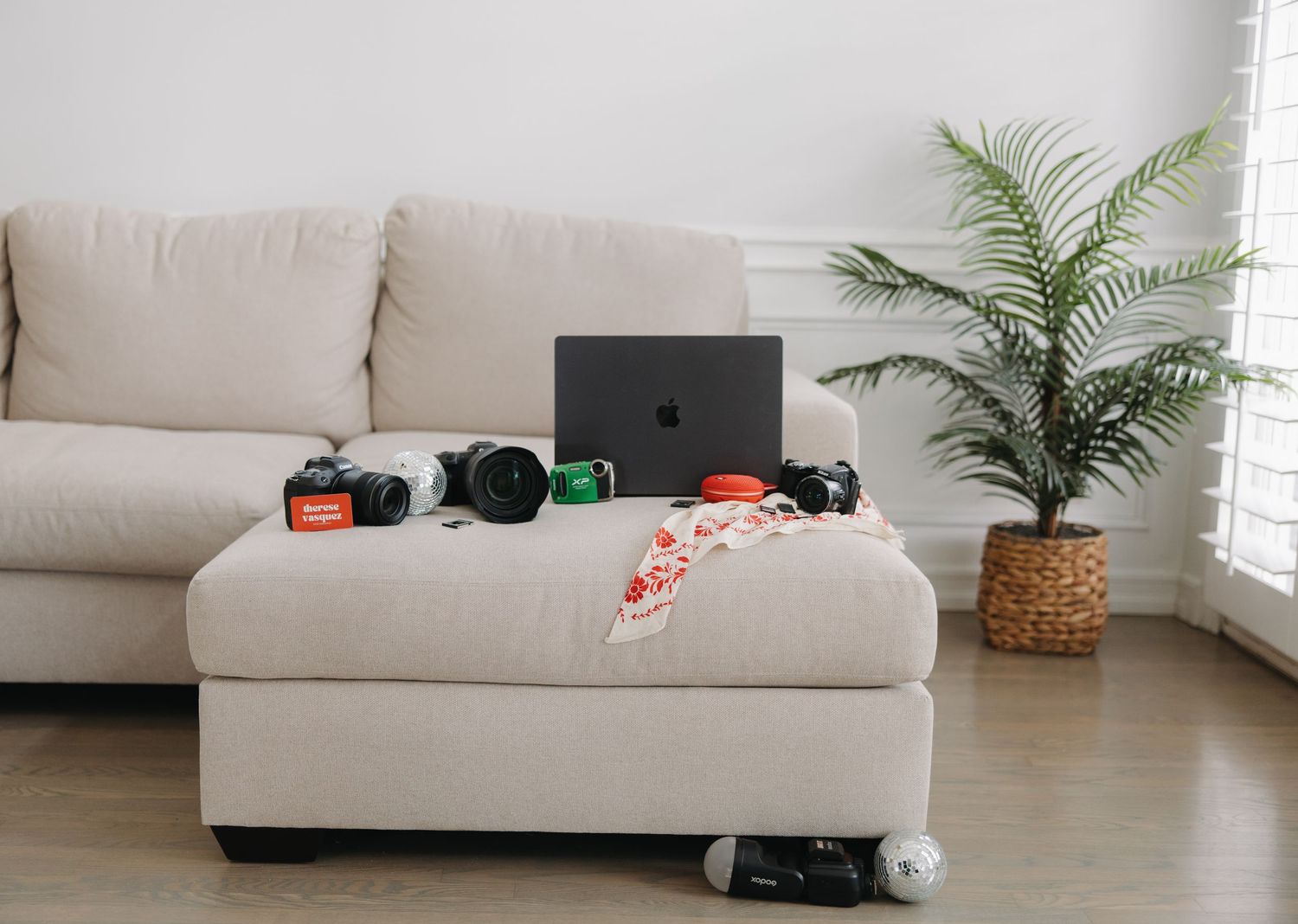 Beige sectional sofa with ottoman displaying a laptop, cameras, and accessories beside a potted palm plant indoors.