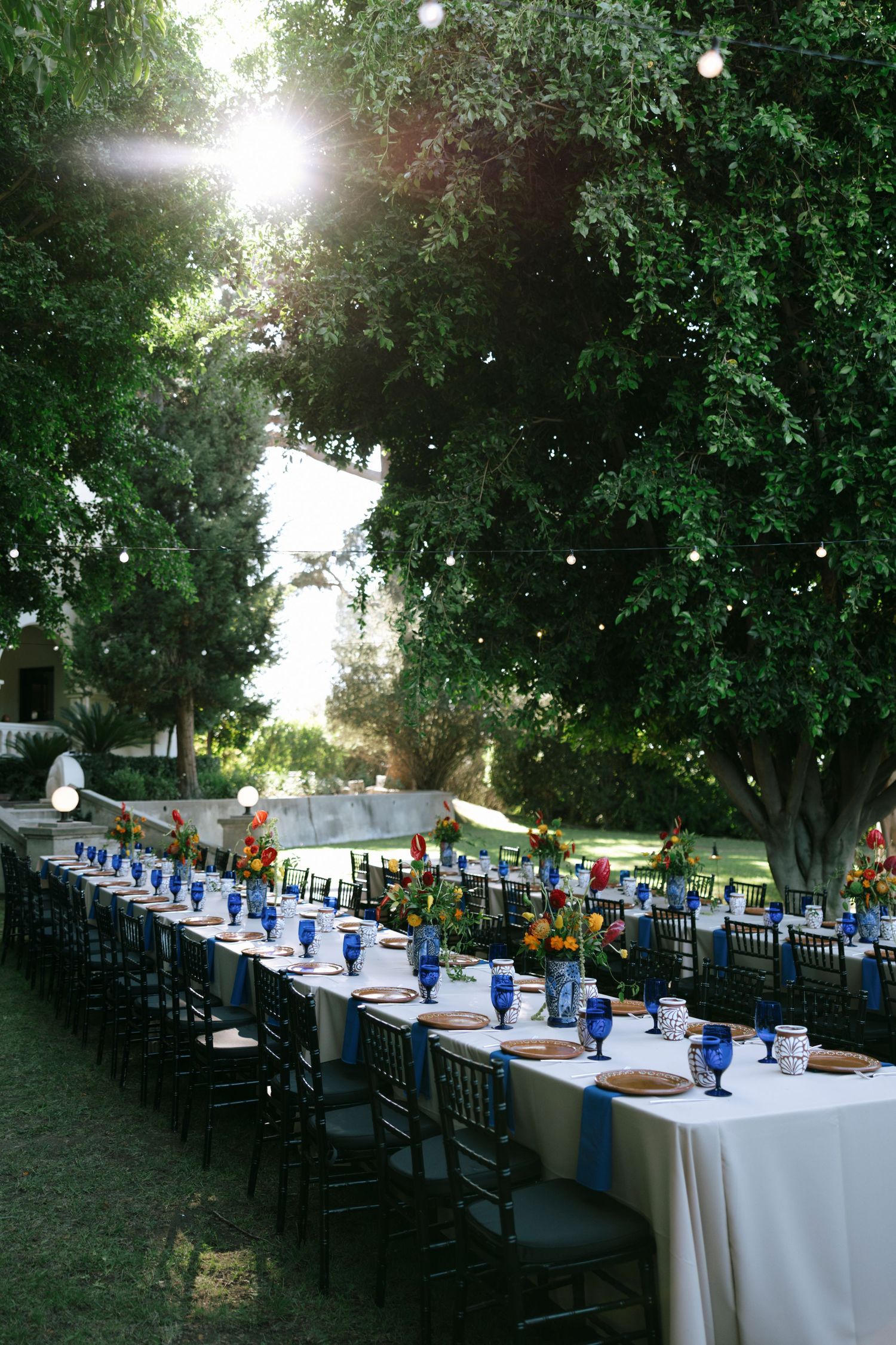An elegant outdoor wedding reception setup with long tables under string lights and trees.