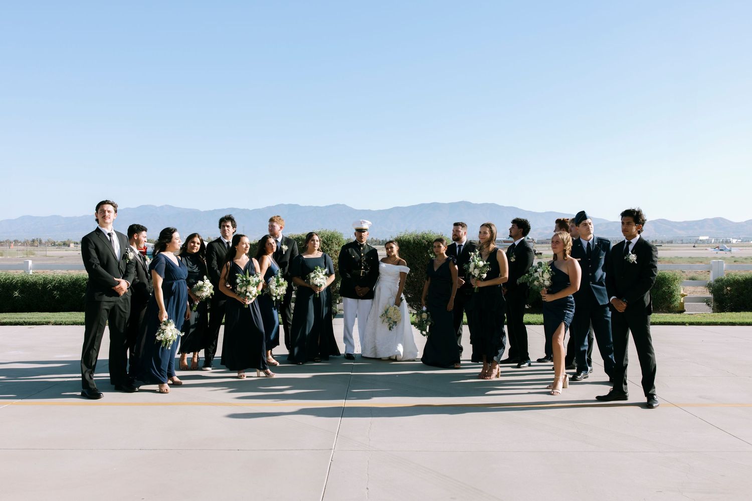 Wedding party in formal attire stands in line against mountain backdrop on sunny day.