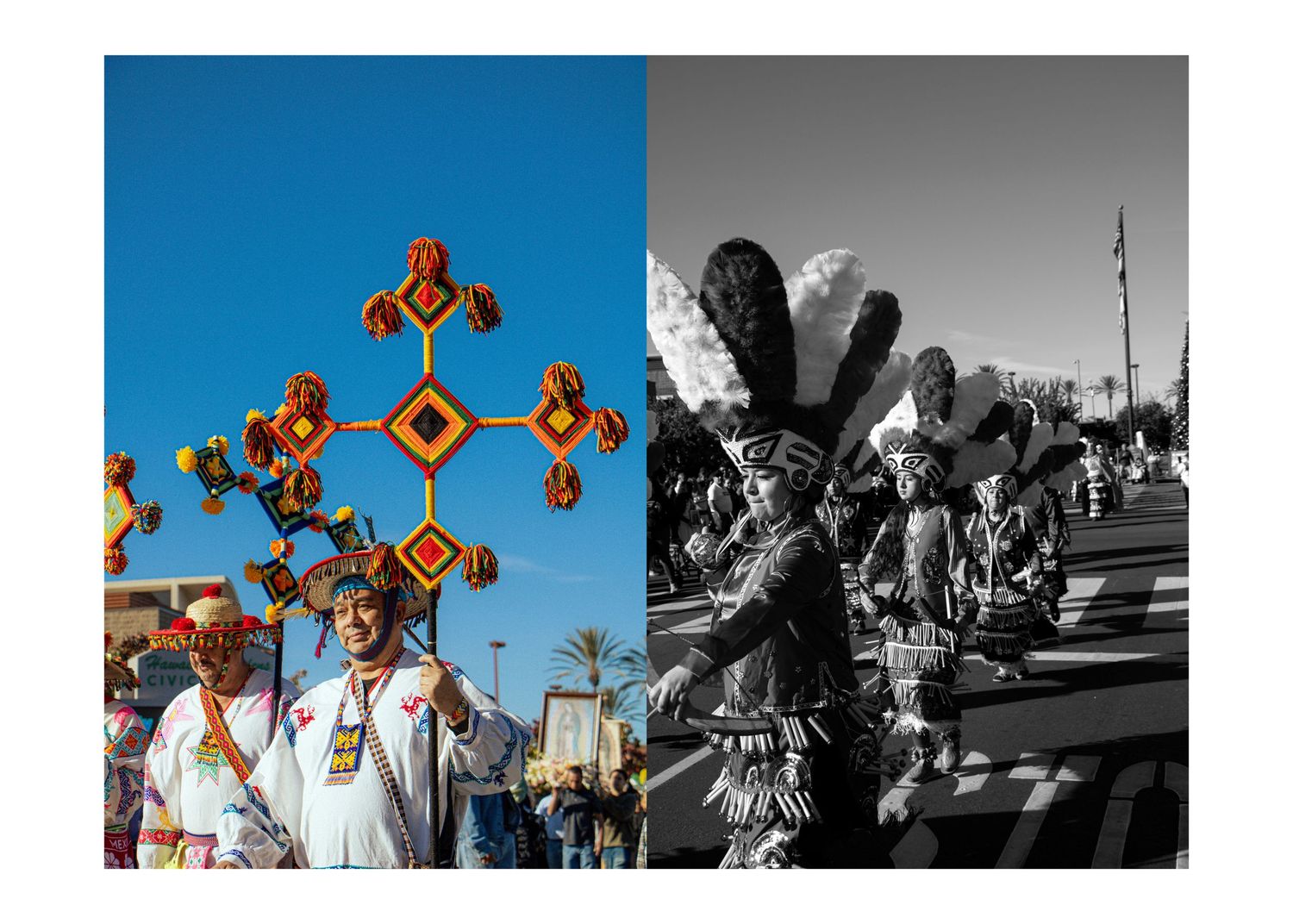 Split image contrasting colorful ceremonial dancers against black and white traditional performers.
