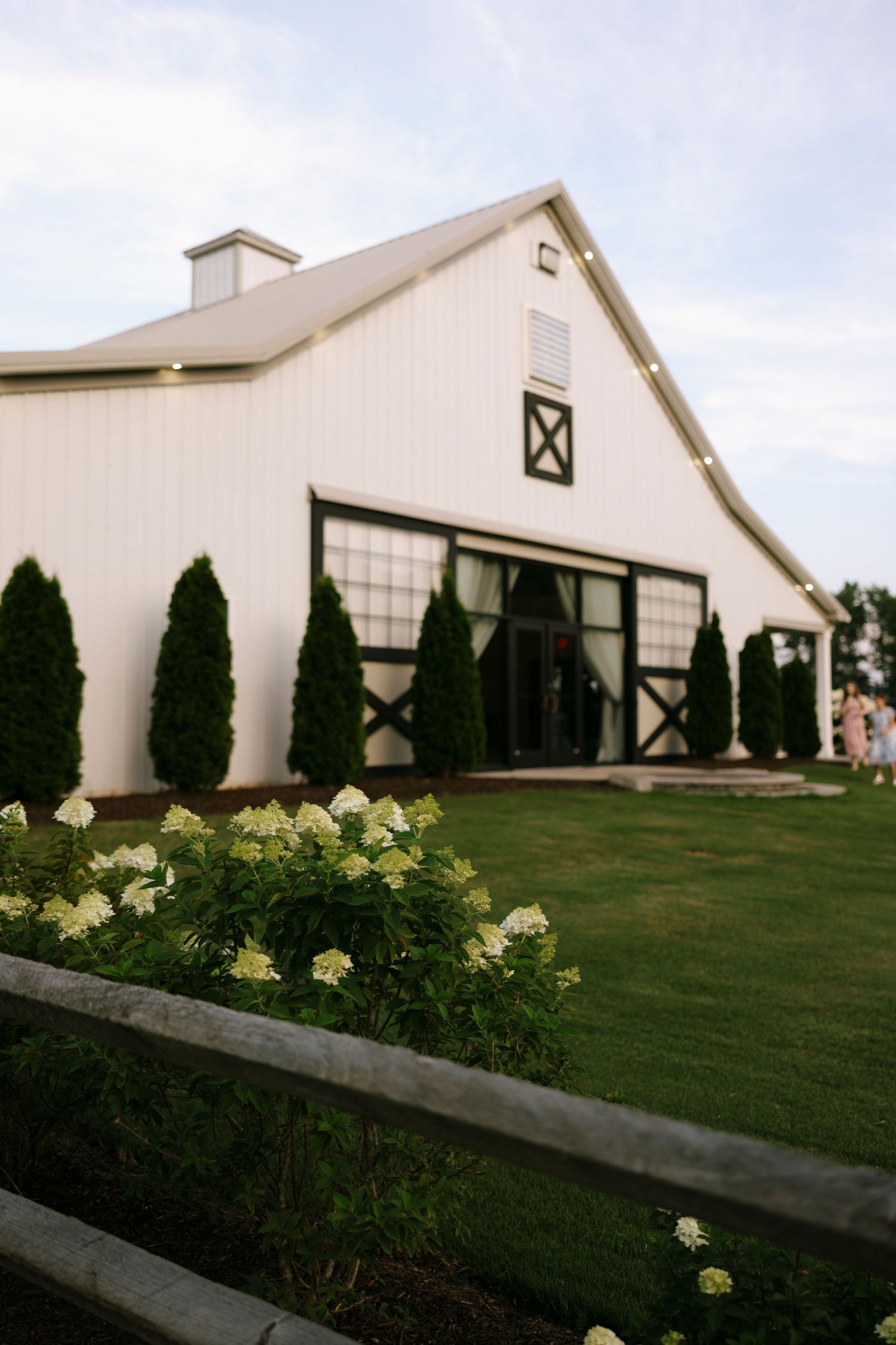 White barn wedding venue with black trim, hydrangea bushes, evergreen shrubs, and a wooden fence on a lush green lawn.