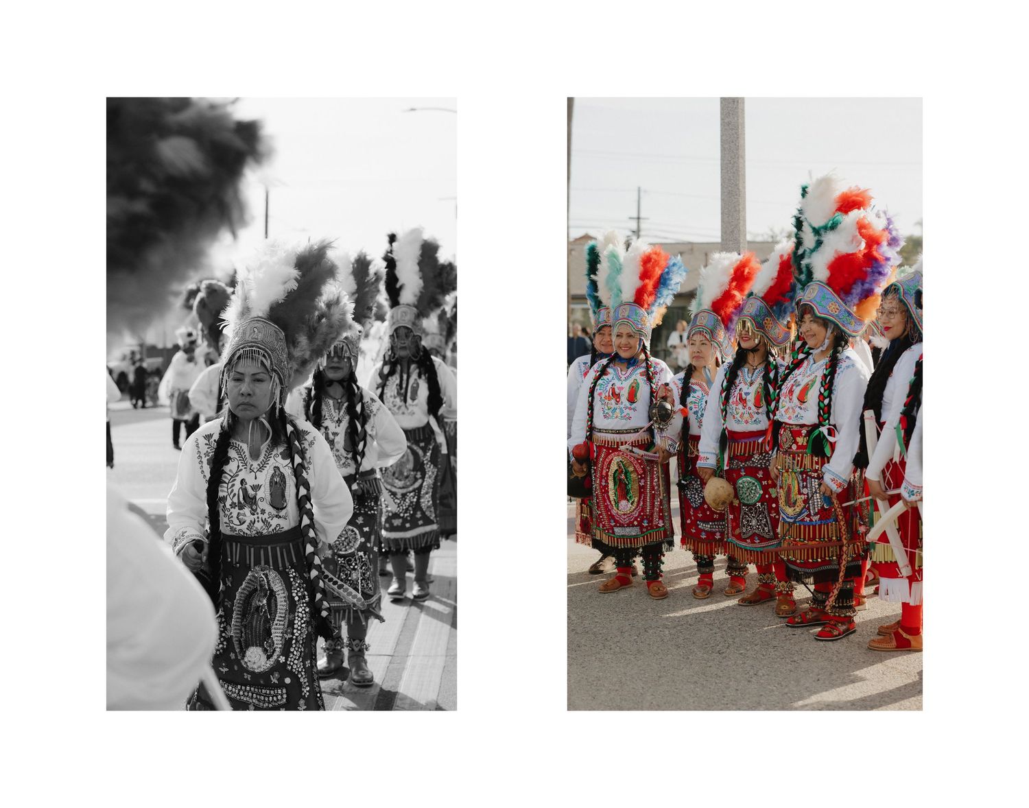 Side-by-side comparison of a black and white photo and color photo showing traditional dancers in ceremonial dress.
