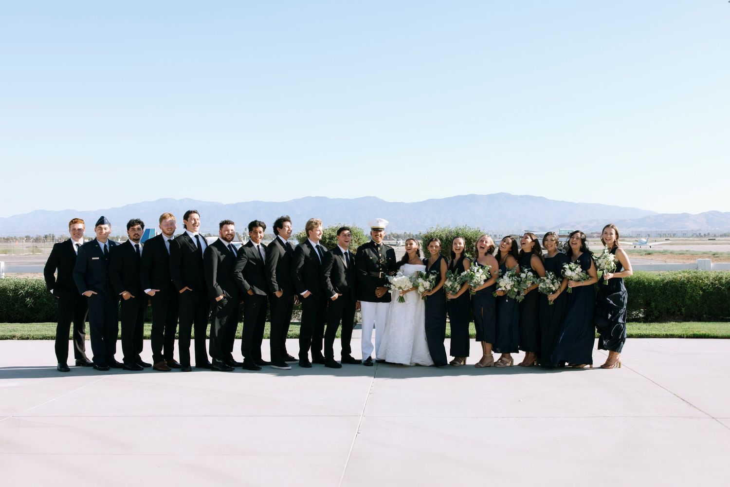 A formal wedding party lineup with bridesmaids and groomsmen against a mountain backdrop.