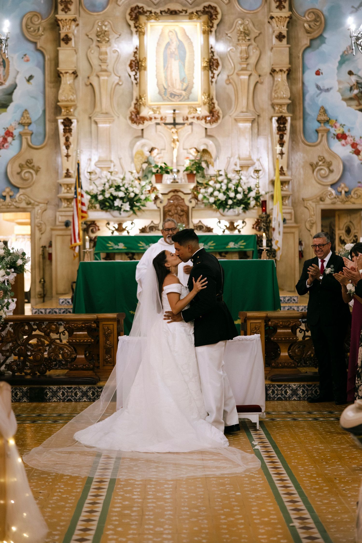 A wedding ceremony sequence showing romantic moments in a beautifully decorated church.
