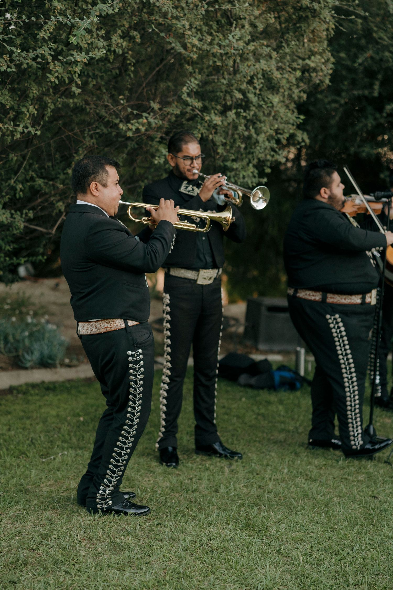 Mariachi band members in traditional black outfits playing trumpets during an outdoor performance.