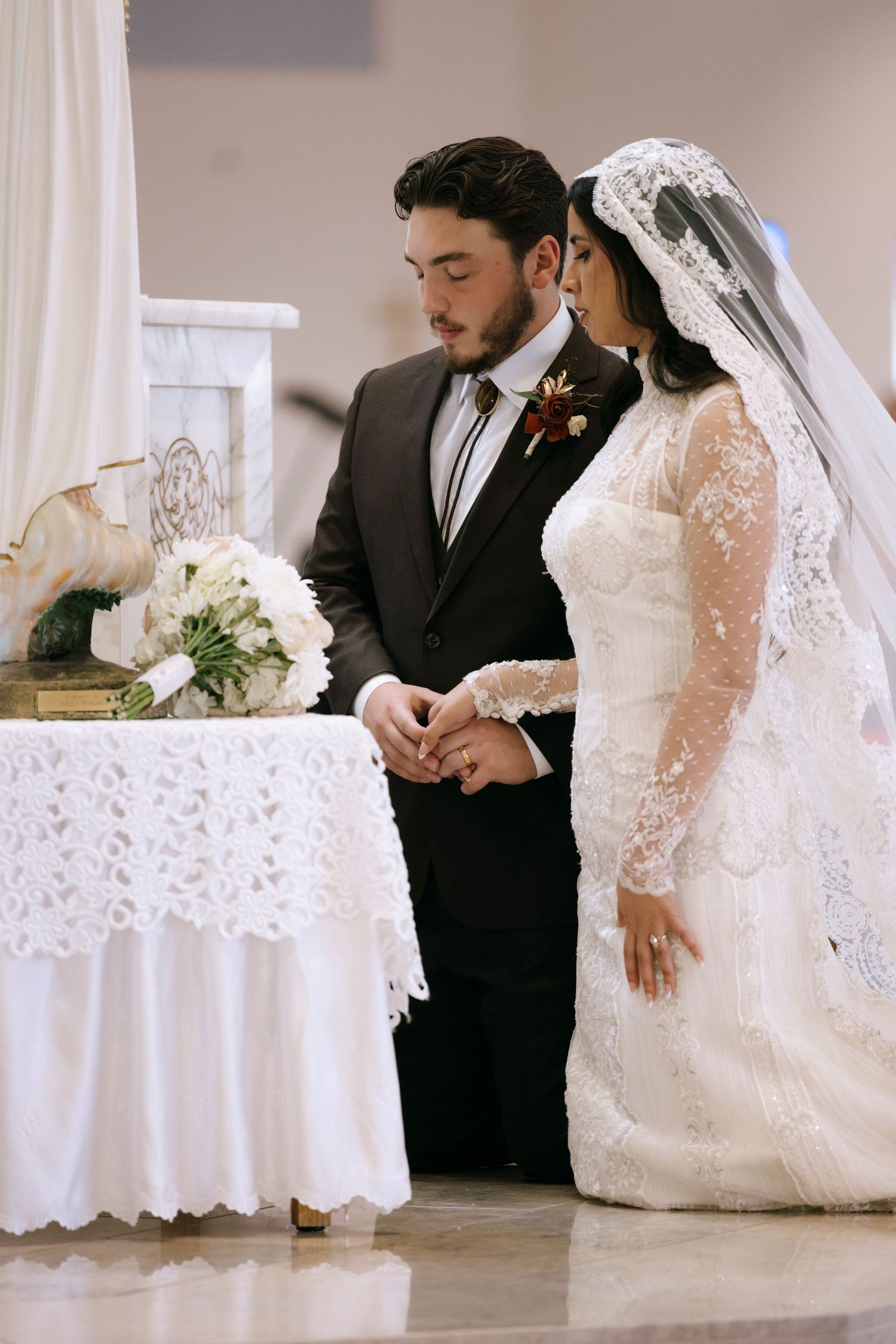 Intimate wedding ceremony moments captured in sequence at church altar.