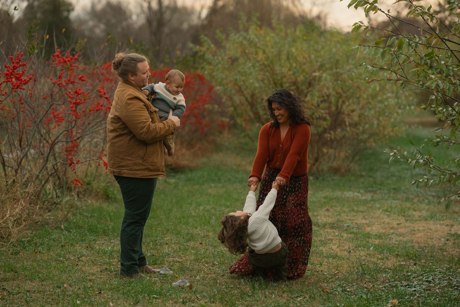 Autumn photo series showing interactions among people in a rustic outdoor setting.