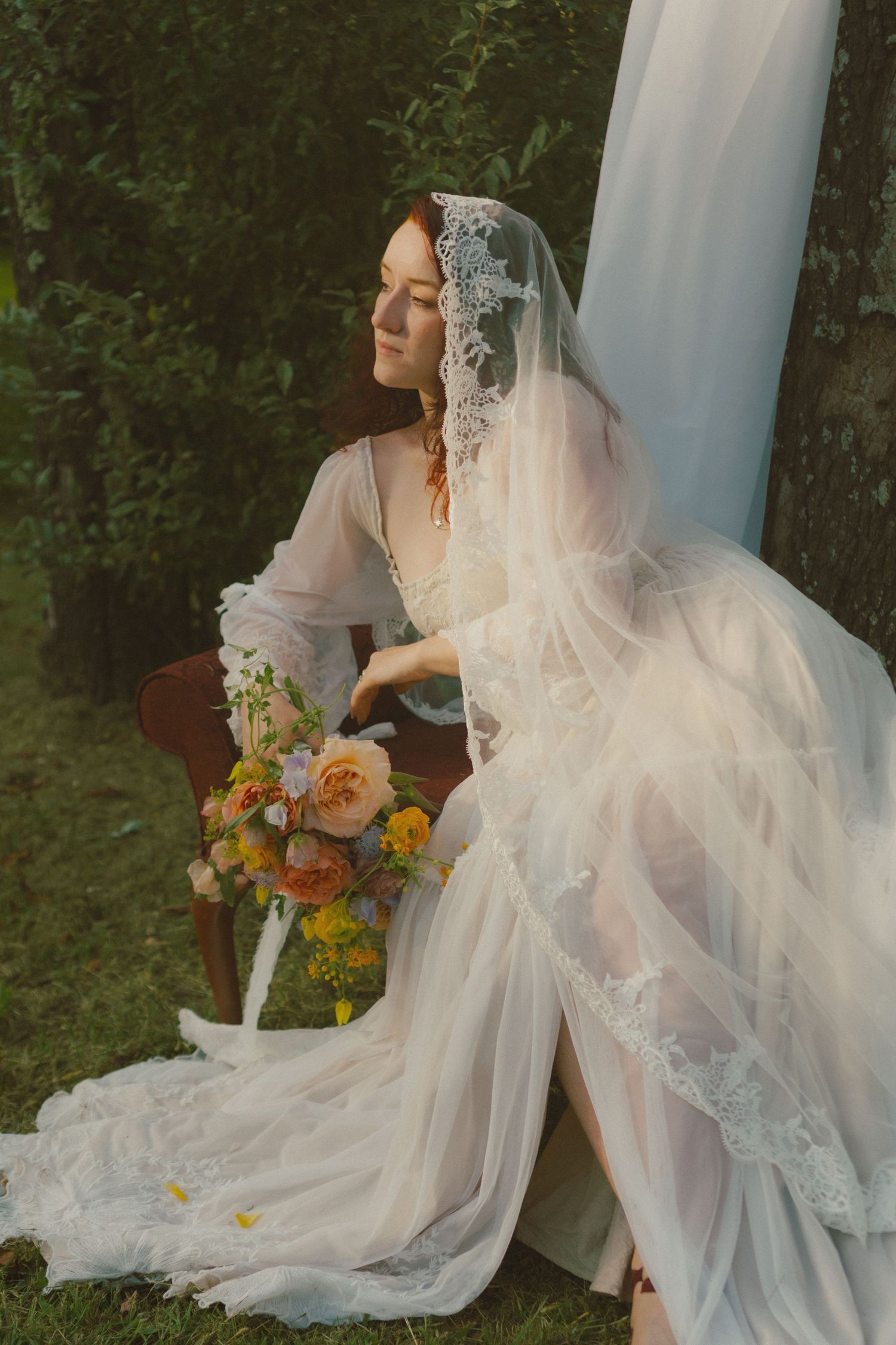 Ethereal bridal portrait series showing flowing white lace veil and peach floral bouquet against woodland backdrop.
