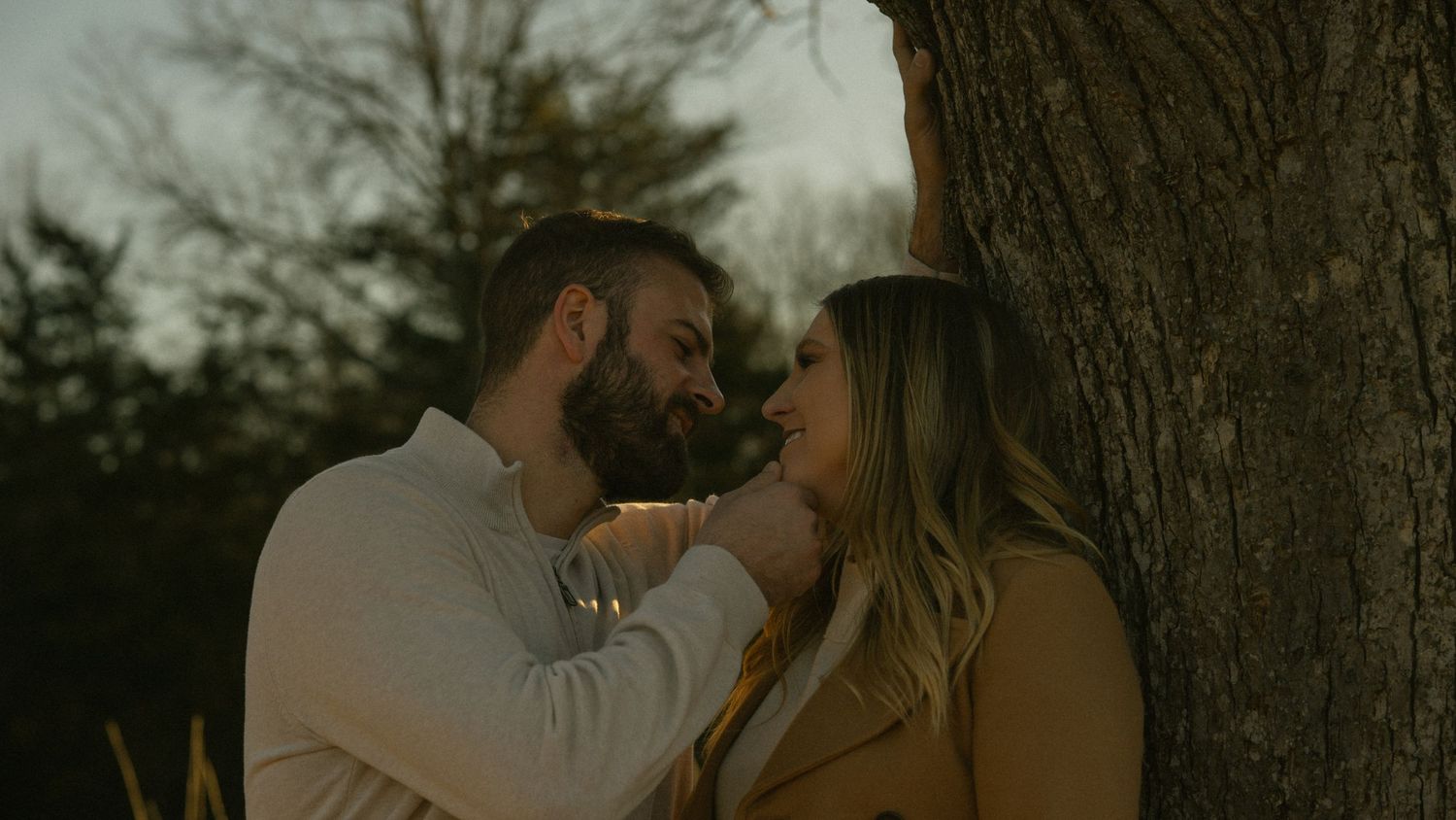 Romantic couple sharing intimate moments against a tree at sunset. Manassas National Battlefield Park