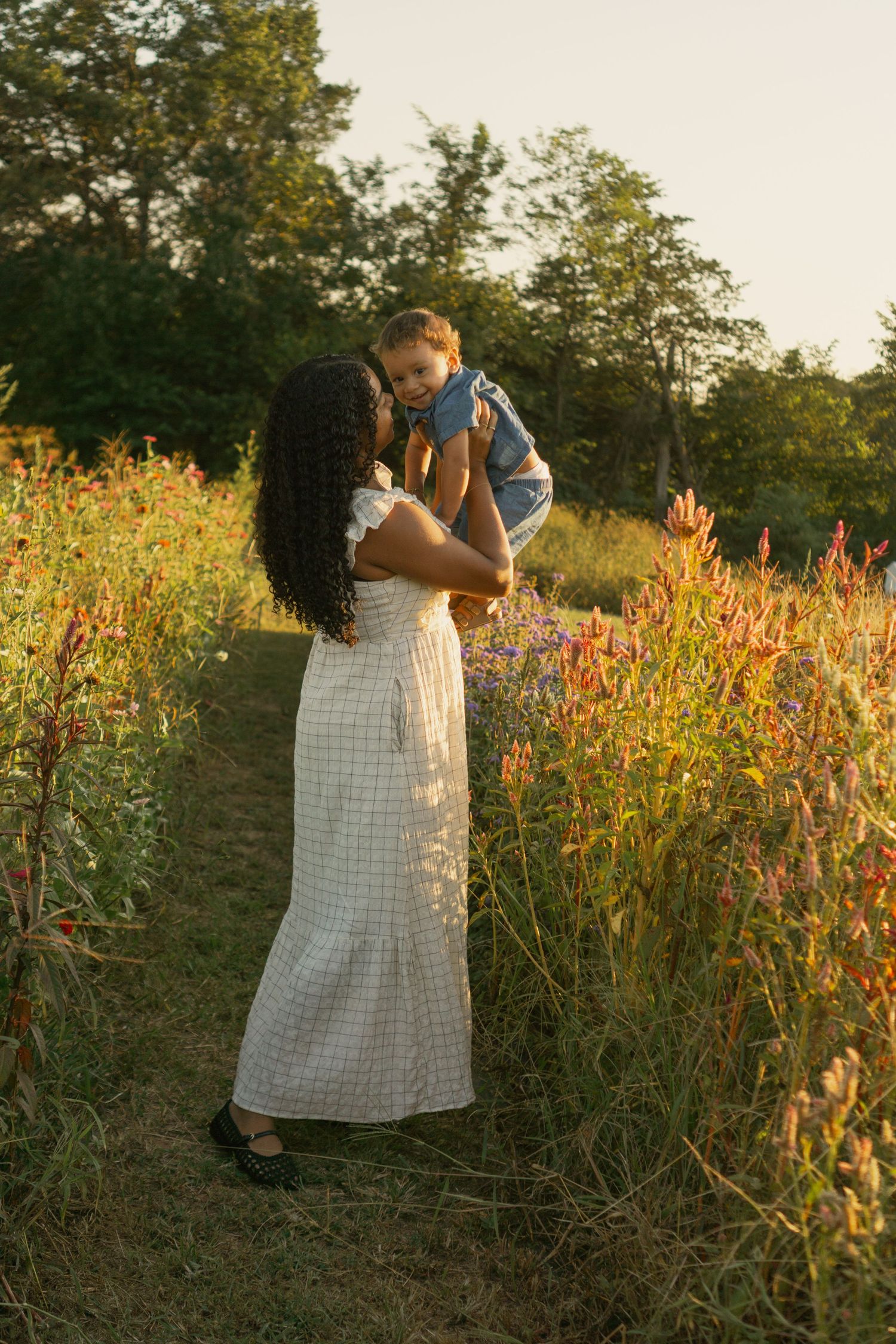 A serene outdoor photoshoot in a field of orange wildflowers during sunset.