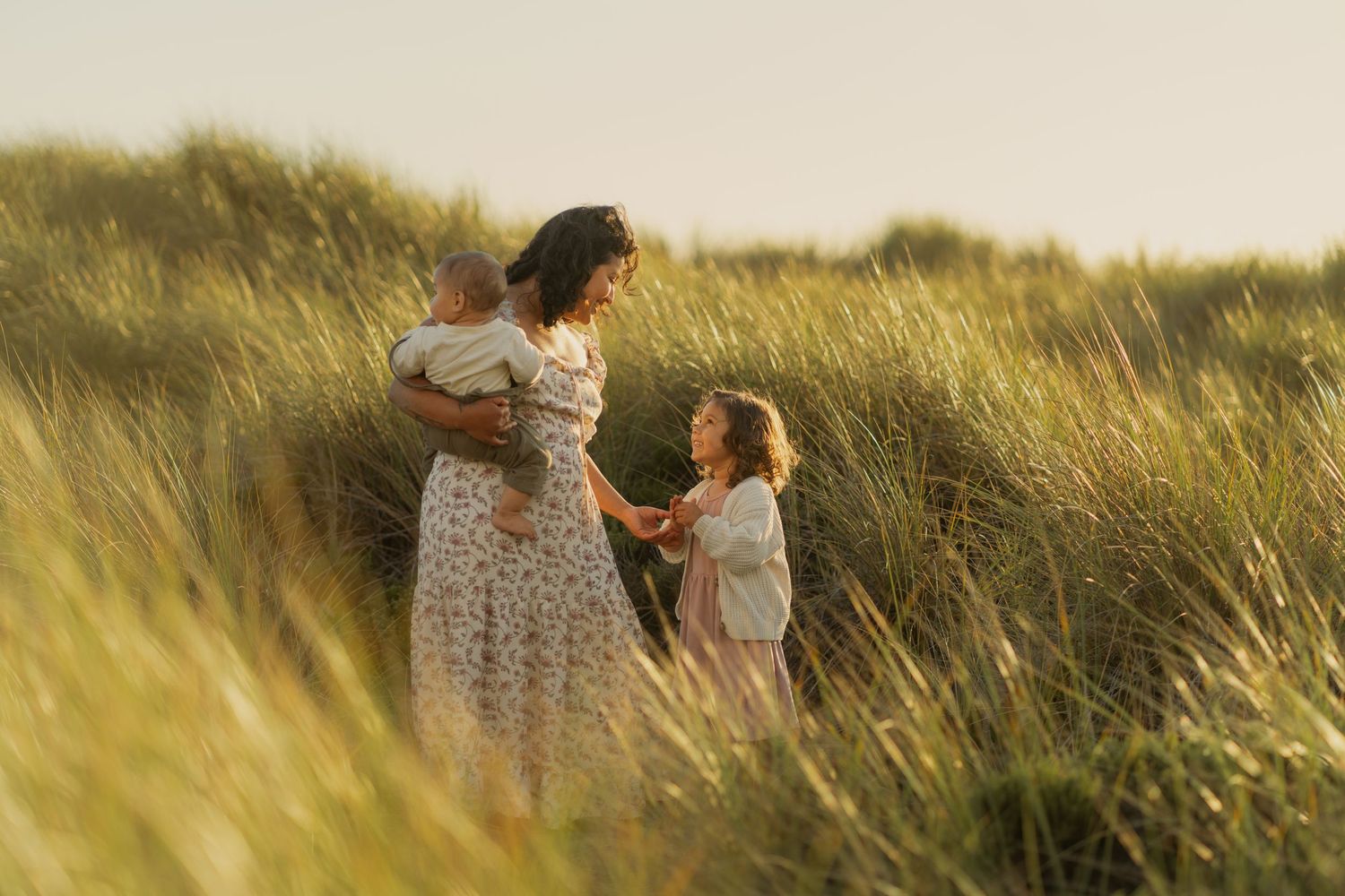 Golden hour panorama capturing tender moments in tall grass at sunset.