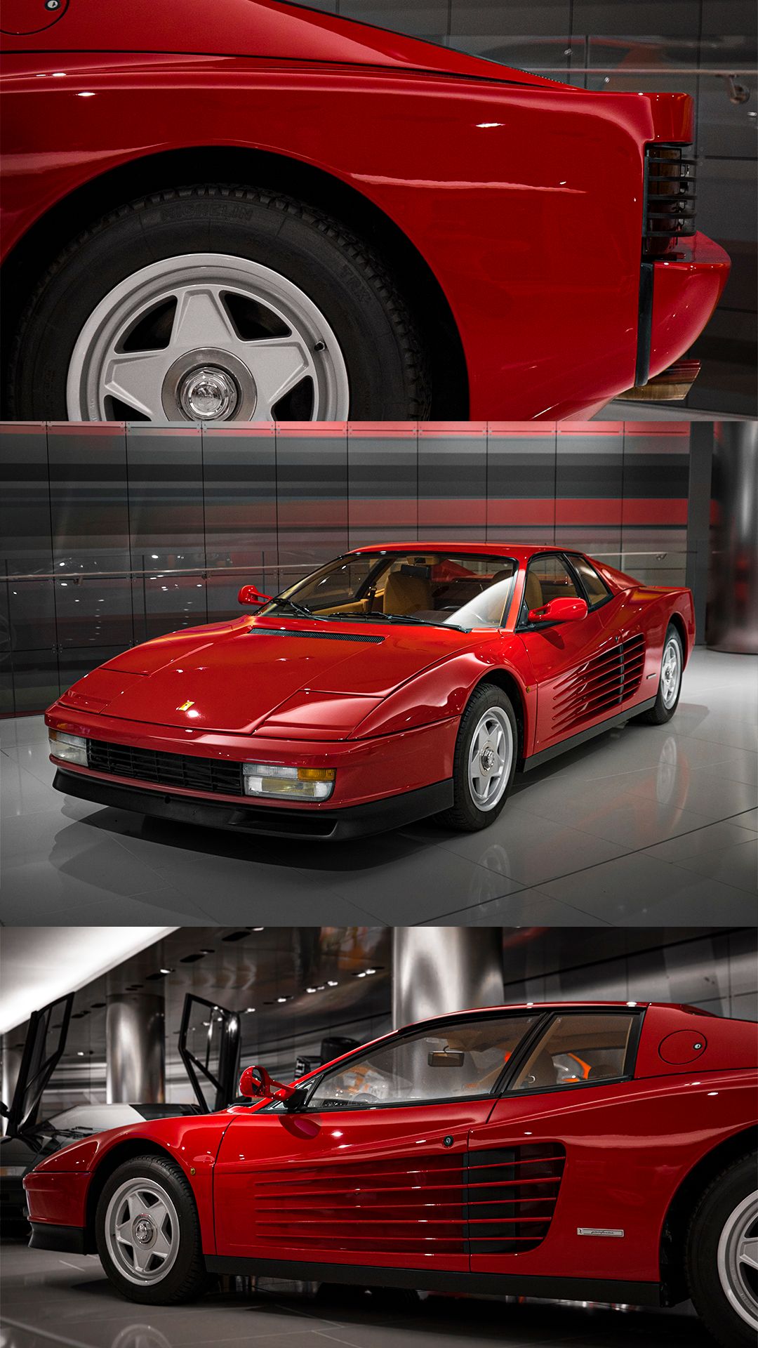 Classic red Ferrari sports cars on display in a museum showing the evolution of their iconic designs.
