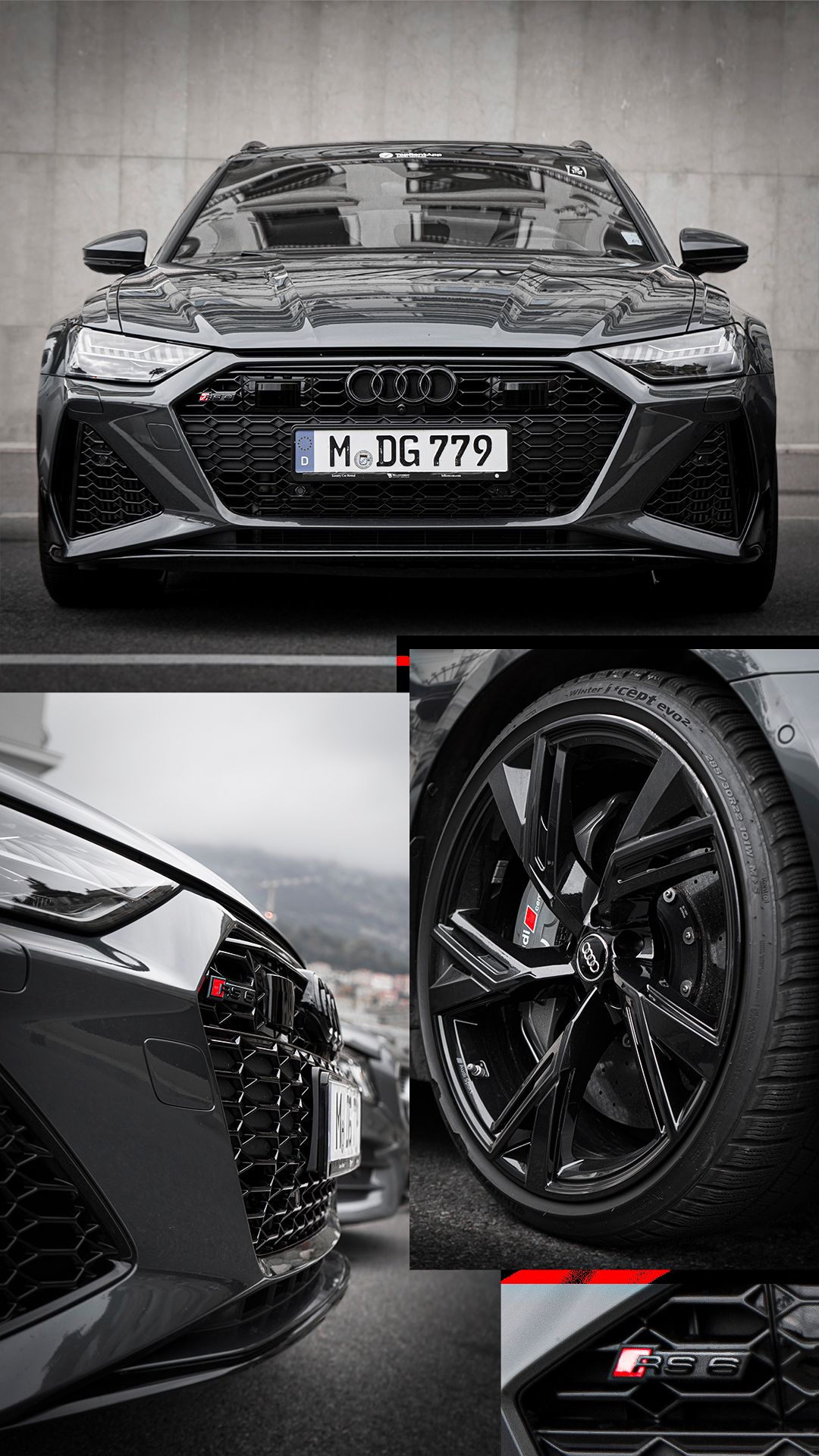 Detailed collage of black Audi RS performance car exterior and wheel features.