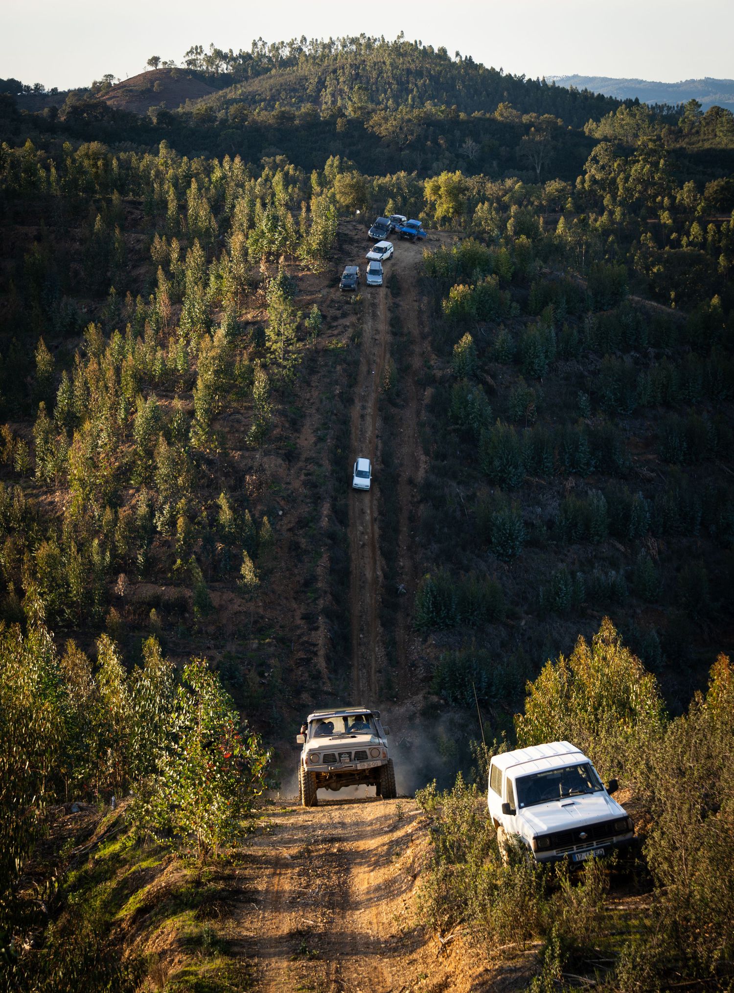 Off-road vehicles traverse a steep dirt trail through a forested hillside with other vehicles visible in the distance.