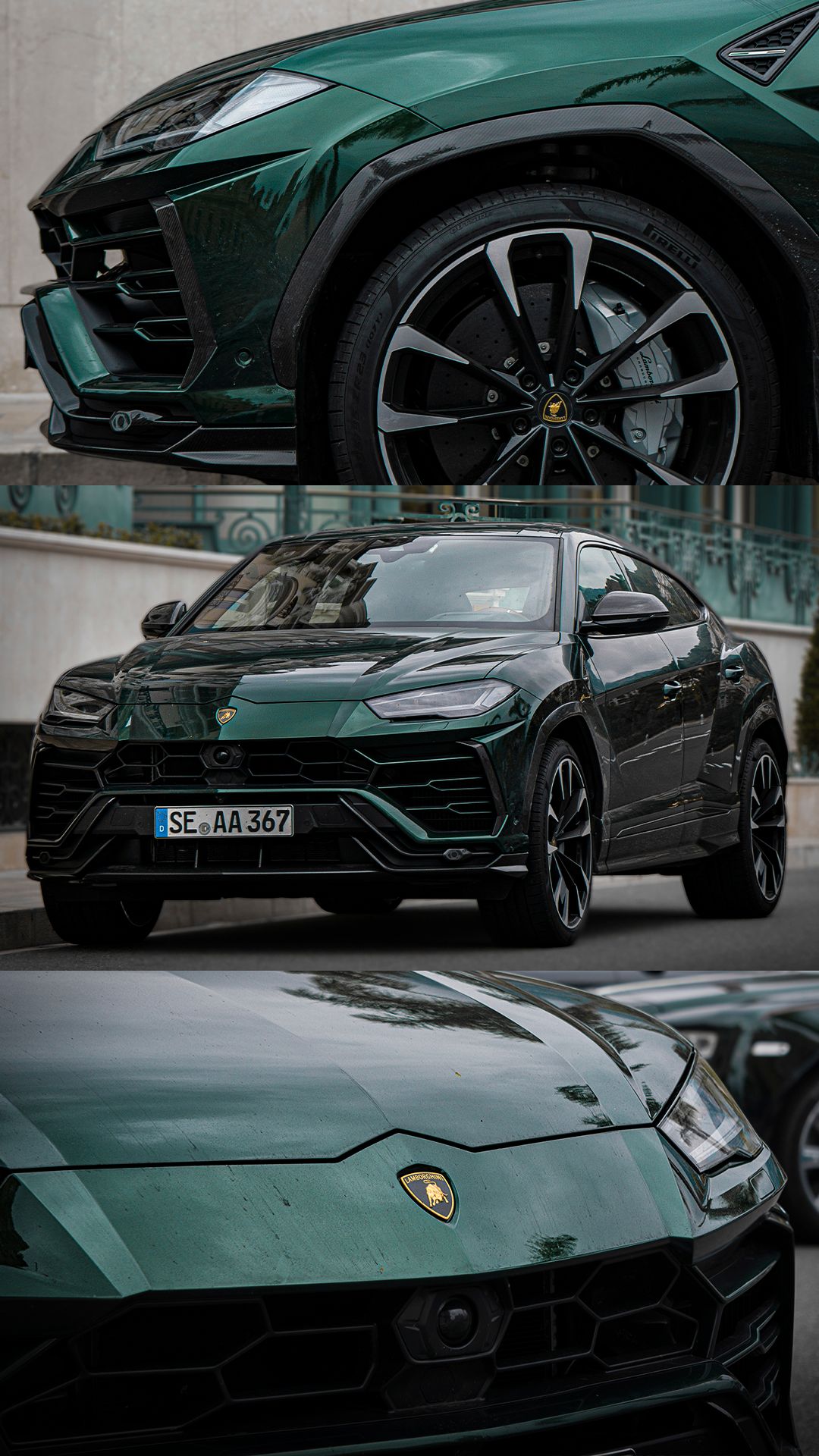 Green Lamborghini supercar photographed from multiple angles in an urban setting.