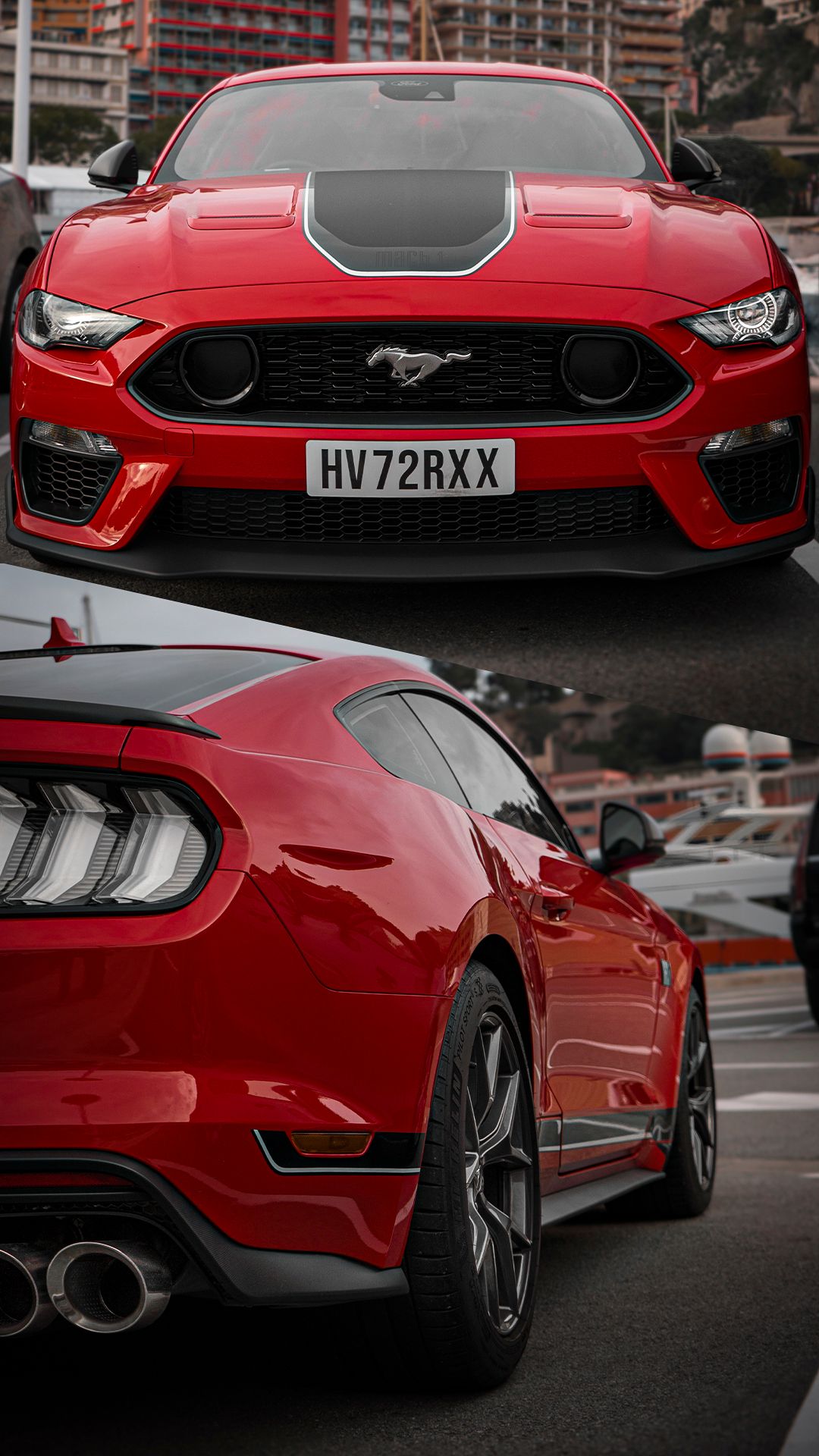 Red Ford Mustang rear and side profile shots showcasing aggressive styling and body lines.