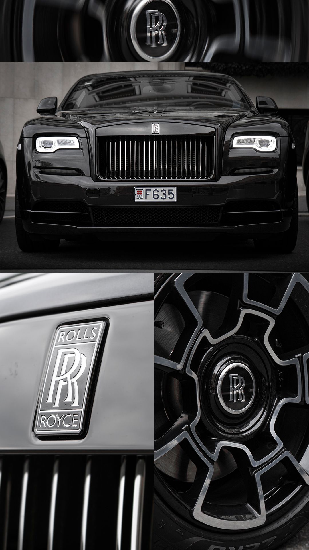 Detailed shots of Rolls-Royce emblems and grille features in dramatic black and white.