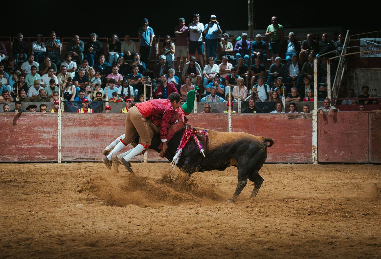 Bull rider gets thrown off during intense rodeo performance as crowd watches from stands.