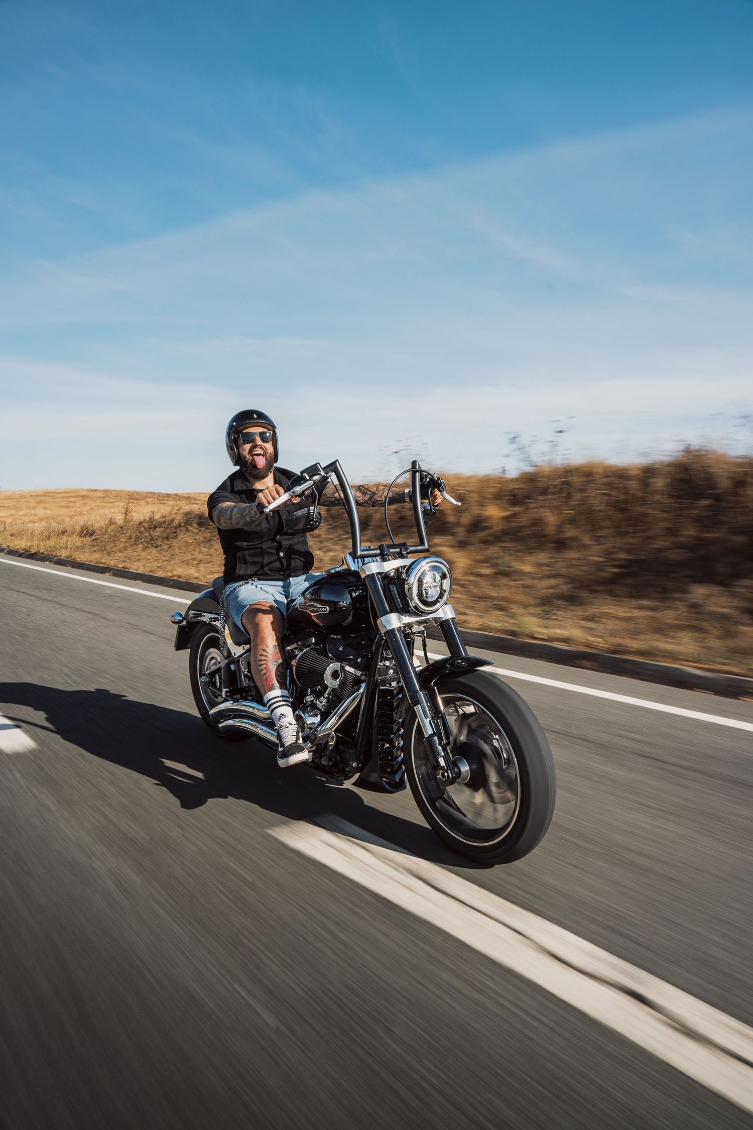 Custom motorcycle cruising down an open highway against blue skies and desert landscape.