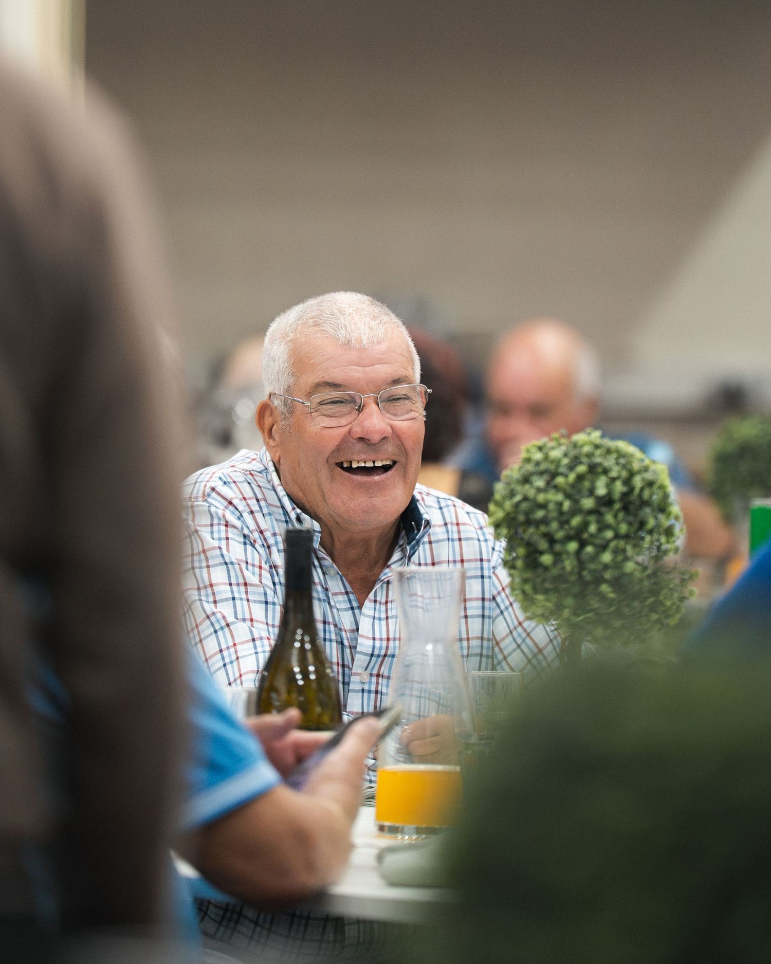 Candid sequence showing joyful expressions during a social gathering with a checkered shirt and glasses.