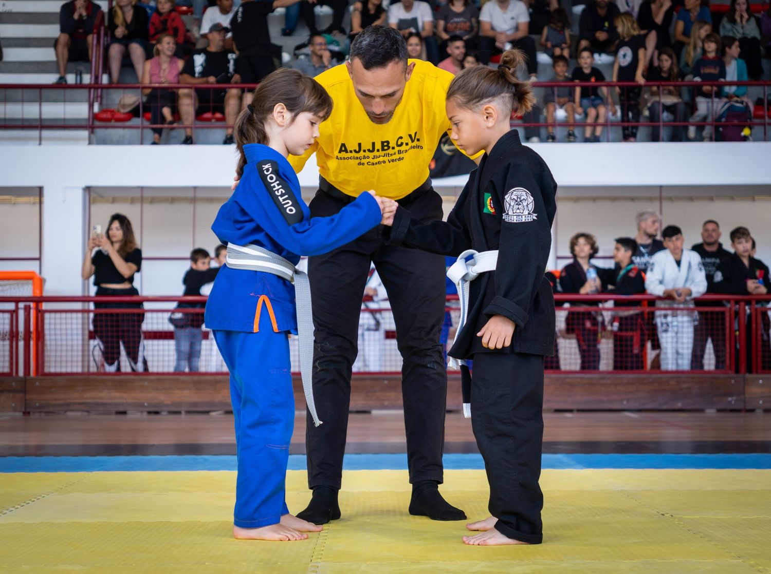 Martial arts practitioners in blue and white gis demonstrate grappling techniques on training mats.