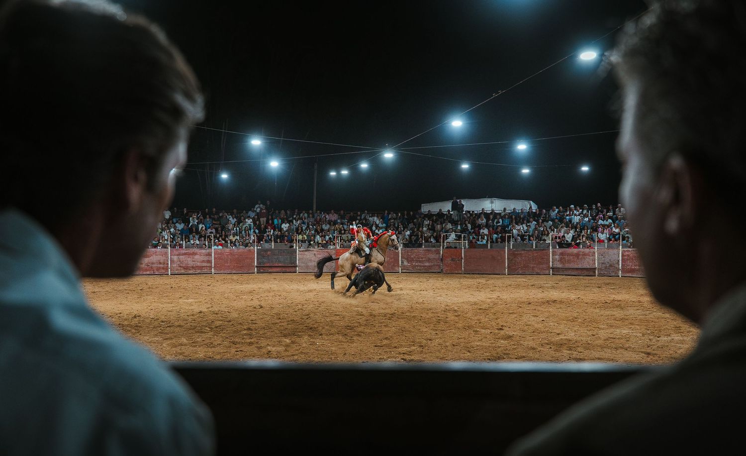Night view of a bullfighting arena illuminated by stadium lights with spectators in silhouette.