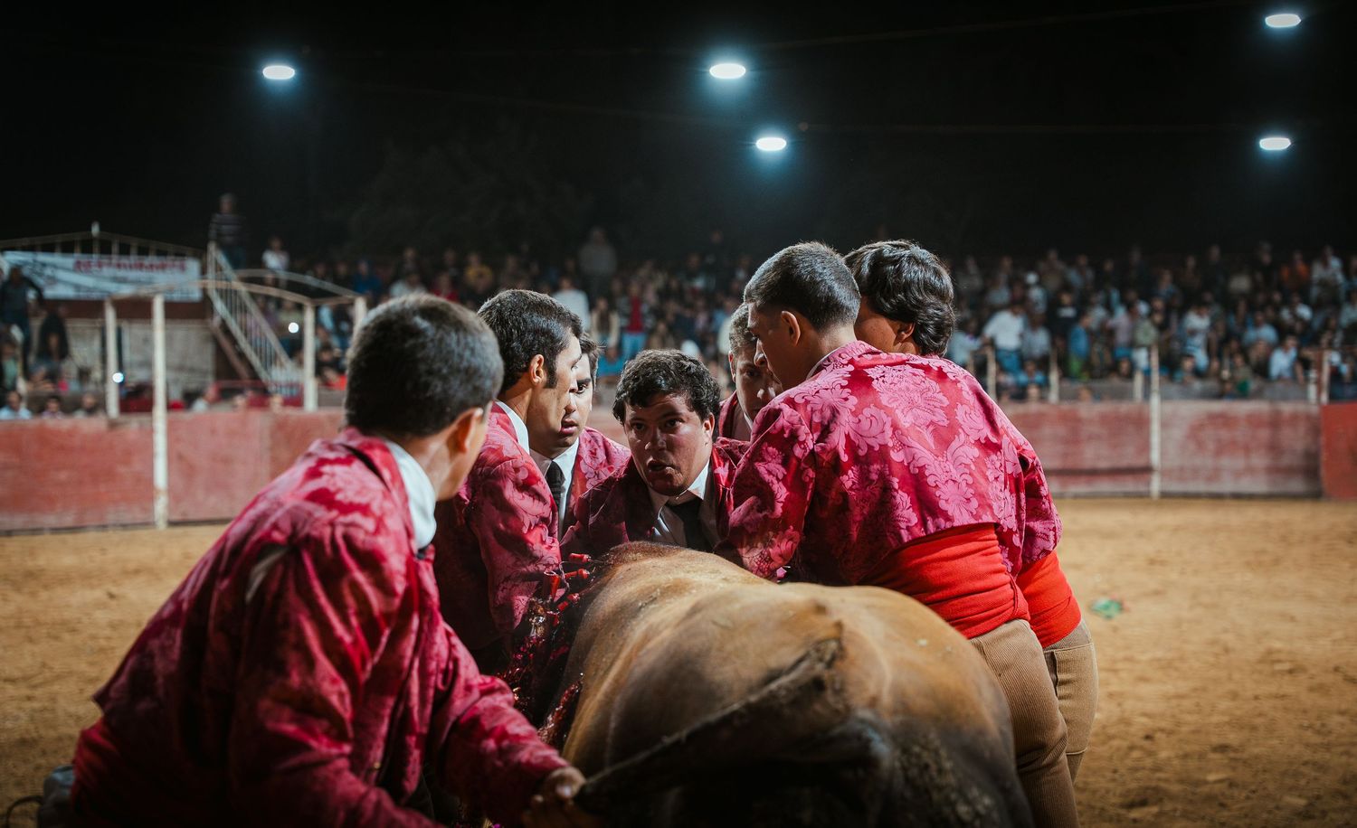 Team of rodeo participants working together to control a bull in a sandy arena during a nighttime event.