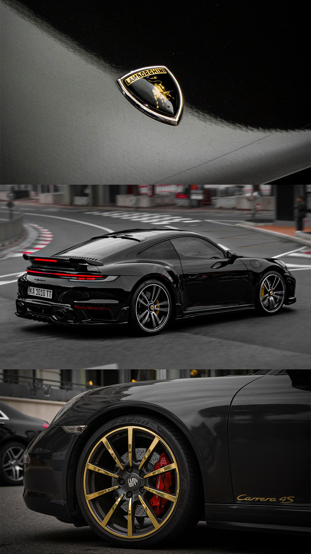 Black Lamborghini sports car with gold accents and wheels photographed on a racetrack.