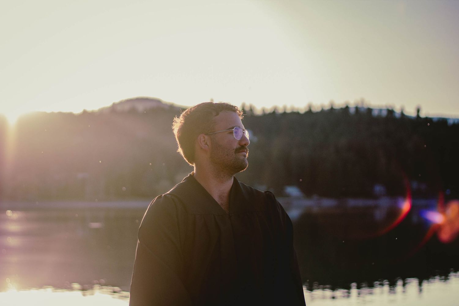 A series of outdoor silhouette photos at sunset showing people on boats and near water with lens flare effects.