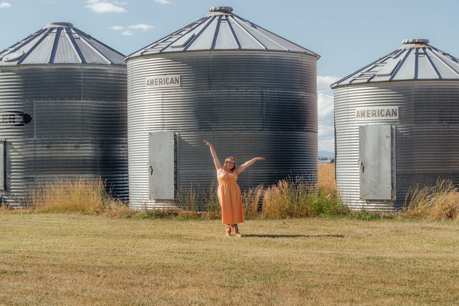 A line of large metal grain storage silos stand against a blue sky with grassland in the foreground.