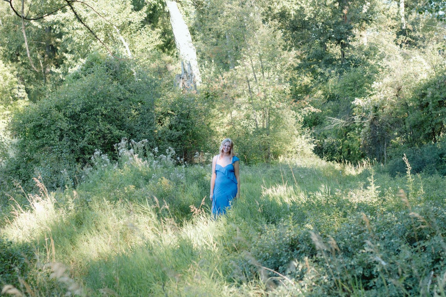Someone in a bright blue dress stands in a sunlit meadow surrounded by wild grasses and trees.