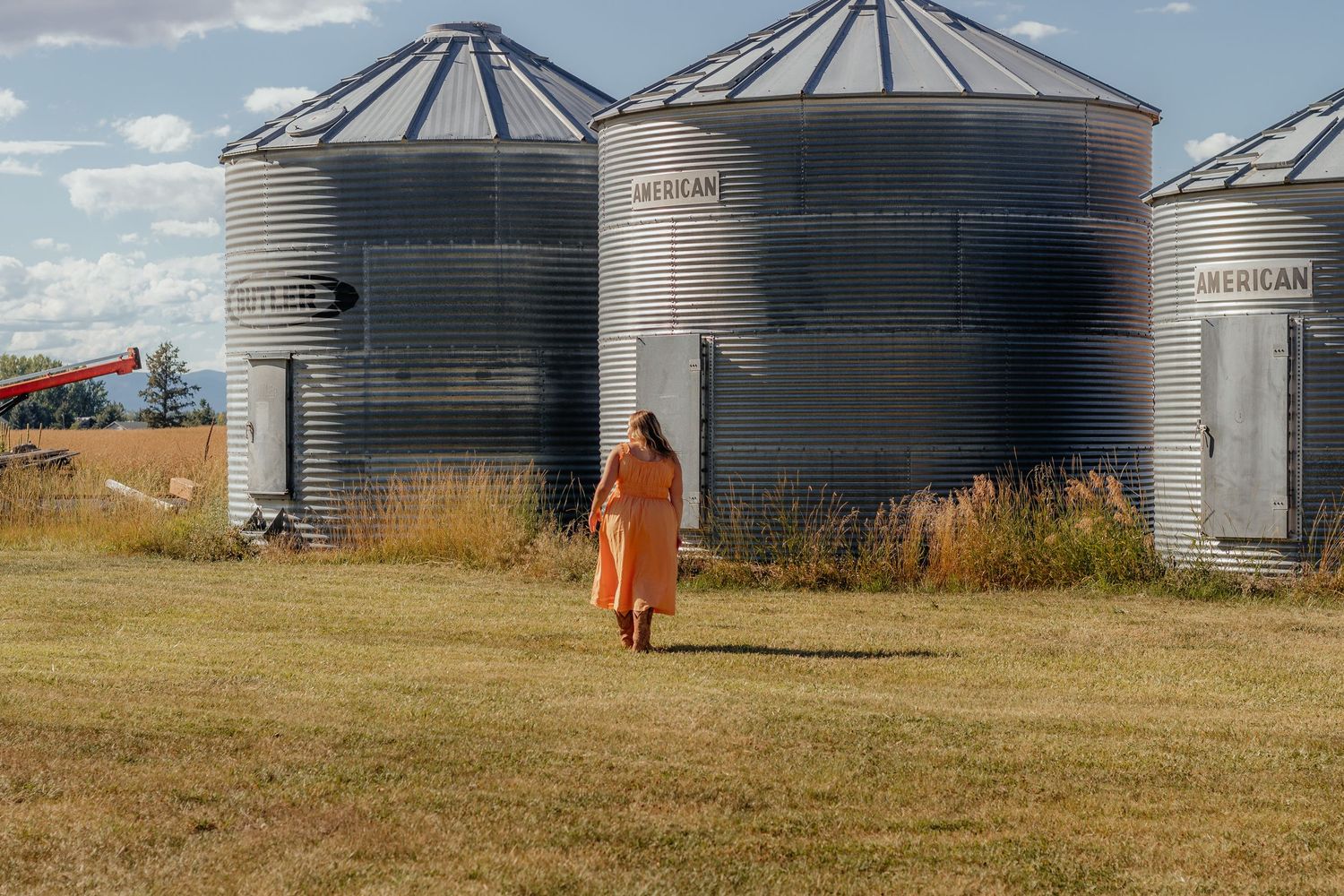 Large metal grain storage bins stand in a row on farmland with tall grass and blue sky in the background.