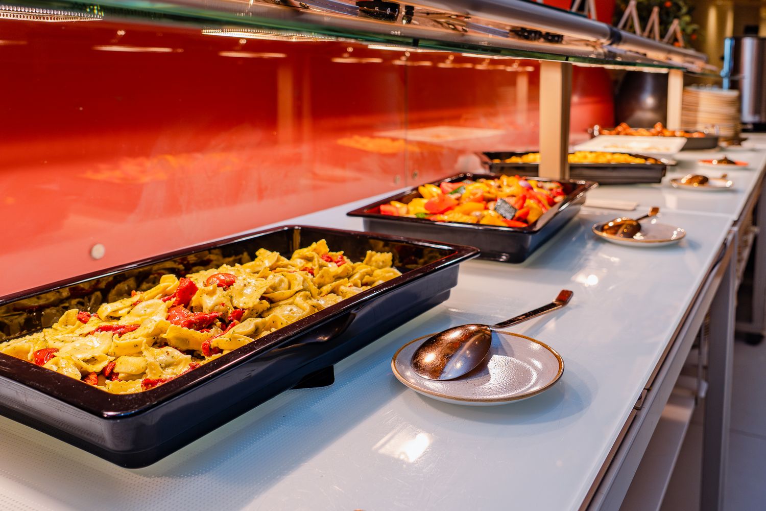Auswahl warmer Gerichte am Buffet während der ColorCloud-Konferenz