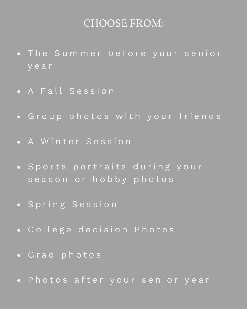 A description of options for senior shoots.