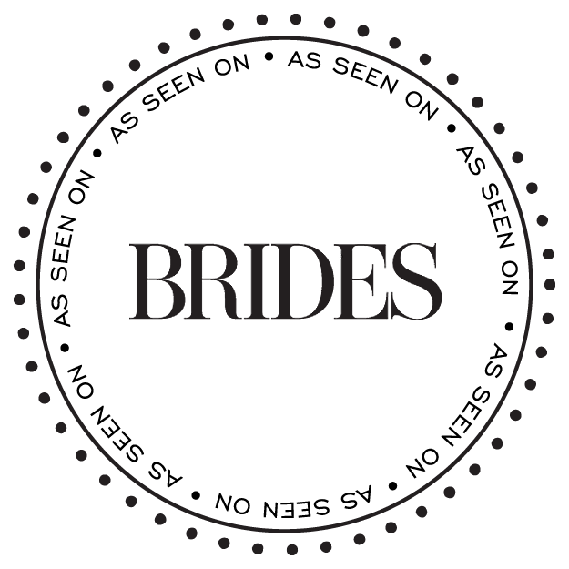 Circular 'As Seen On Brides' logo badge with dotted border design.