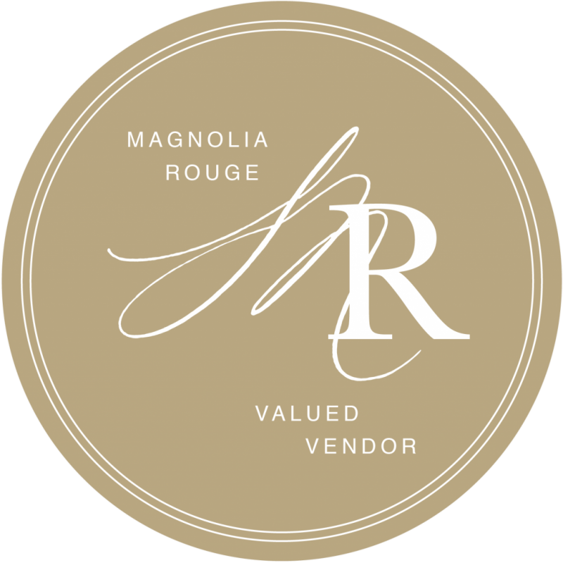 Elegant circular logo design for Magnolia Rouge Valued Vendor in beige and white with stylized MR monogram.