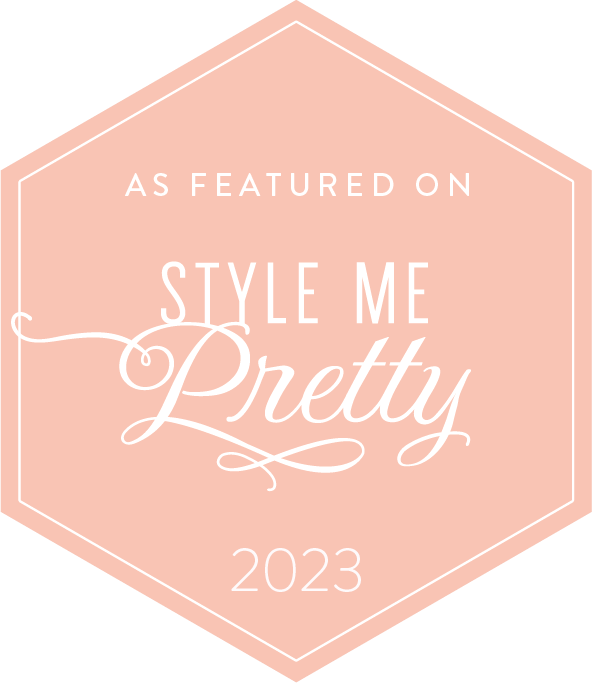 Pink hexagonal wedding vendor badges featuring 'Style Me Pretty 2023' text.