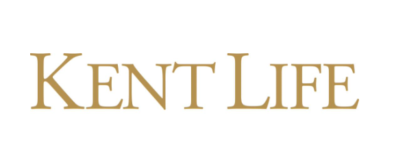 A vintage-style Kent Life magazine cover with brown text and elegant decorative elements against a light background.